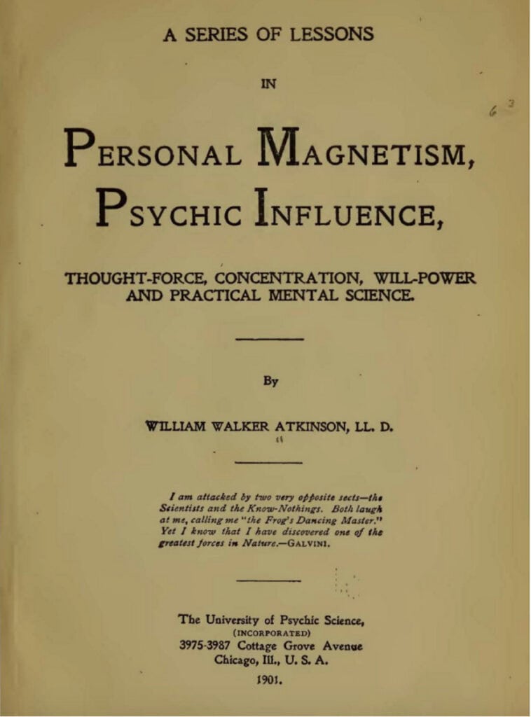 Historical book cover on personal magnetism and psychic influence from 1901.