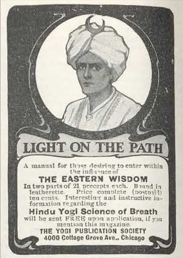 Historical poster of Yogi Publication Society with a woman in traditional attire.