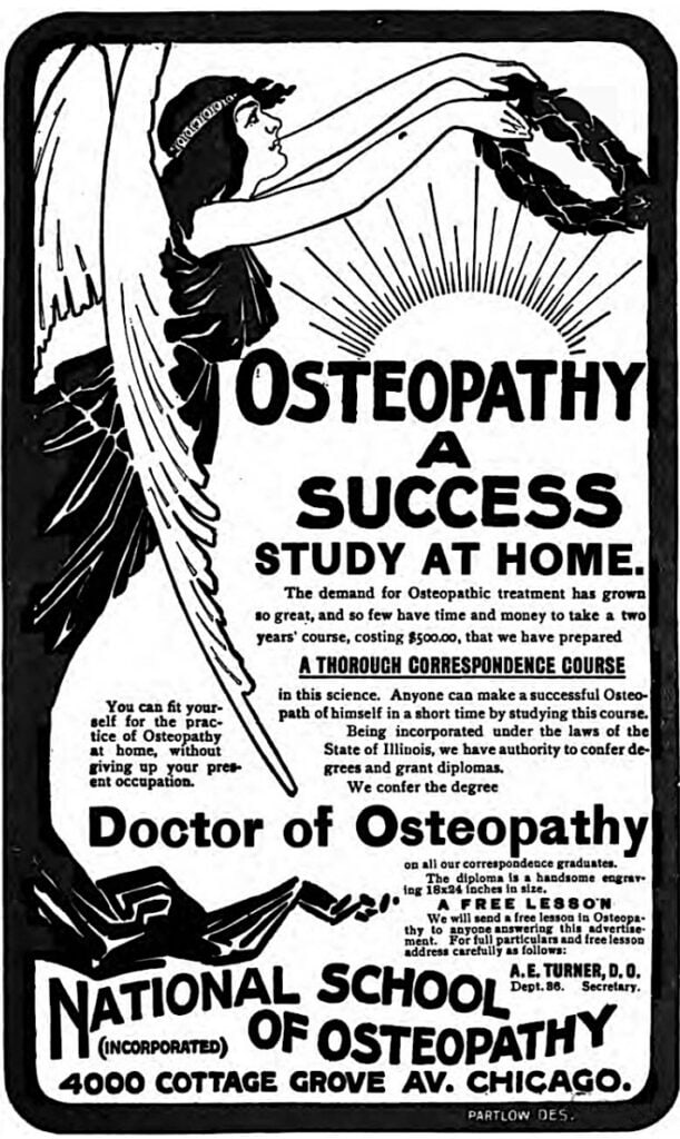 Vintage osteopathy poster promoting success and study at home in Chicago.