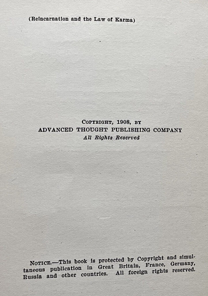 Page from 1908 publication on reincarnation and karma laws.