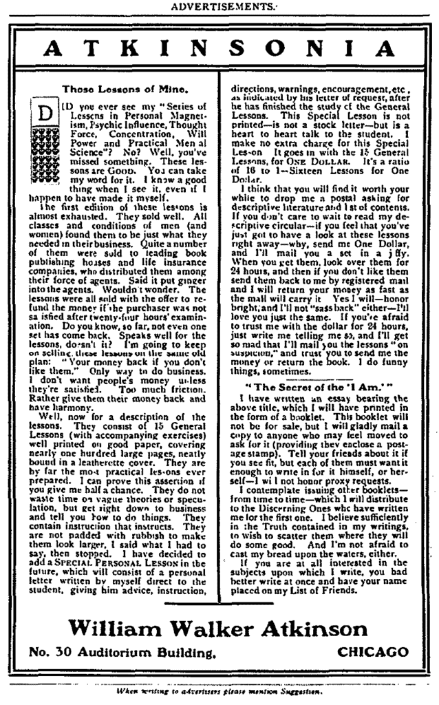 Atkinsonia ad in Suggestion magazine for William Walker Atkinson
