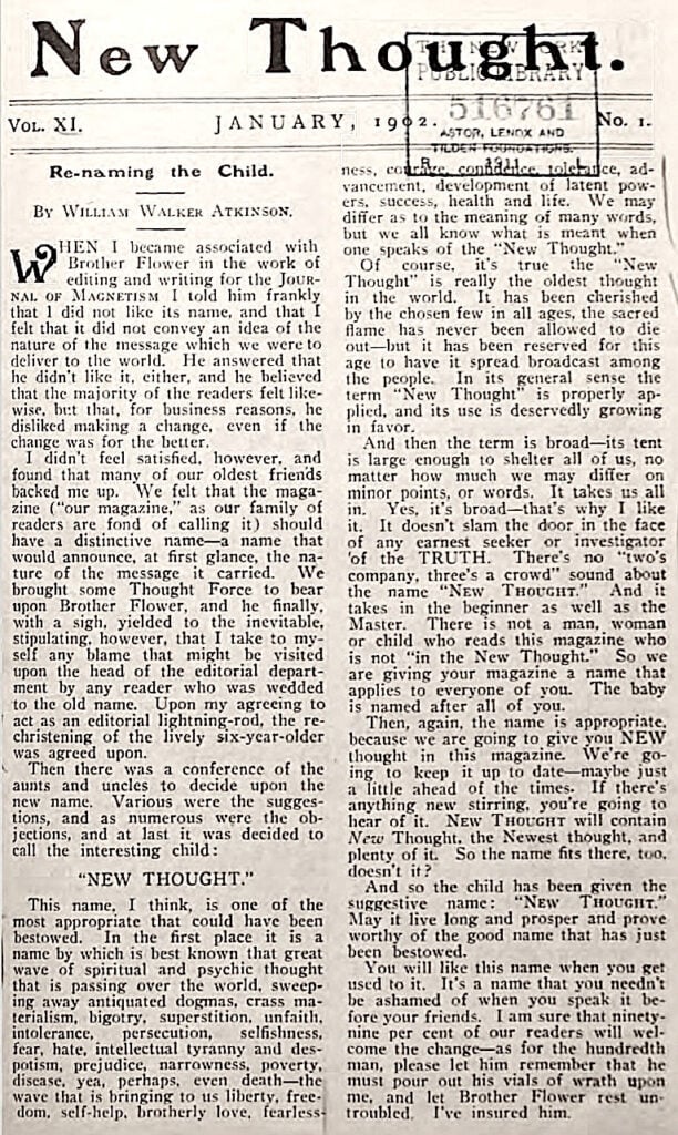 William Walker Atkinson article on naming New Thought Jan 1902