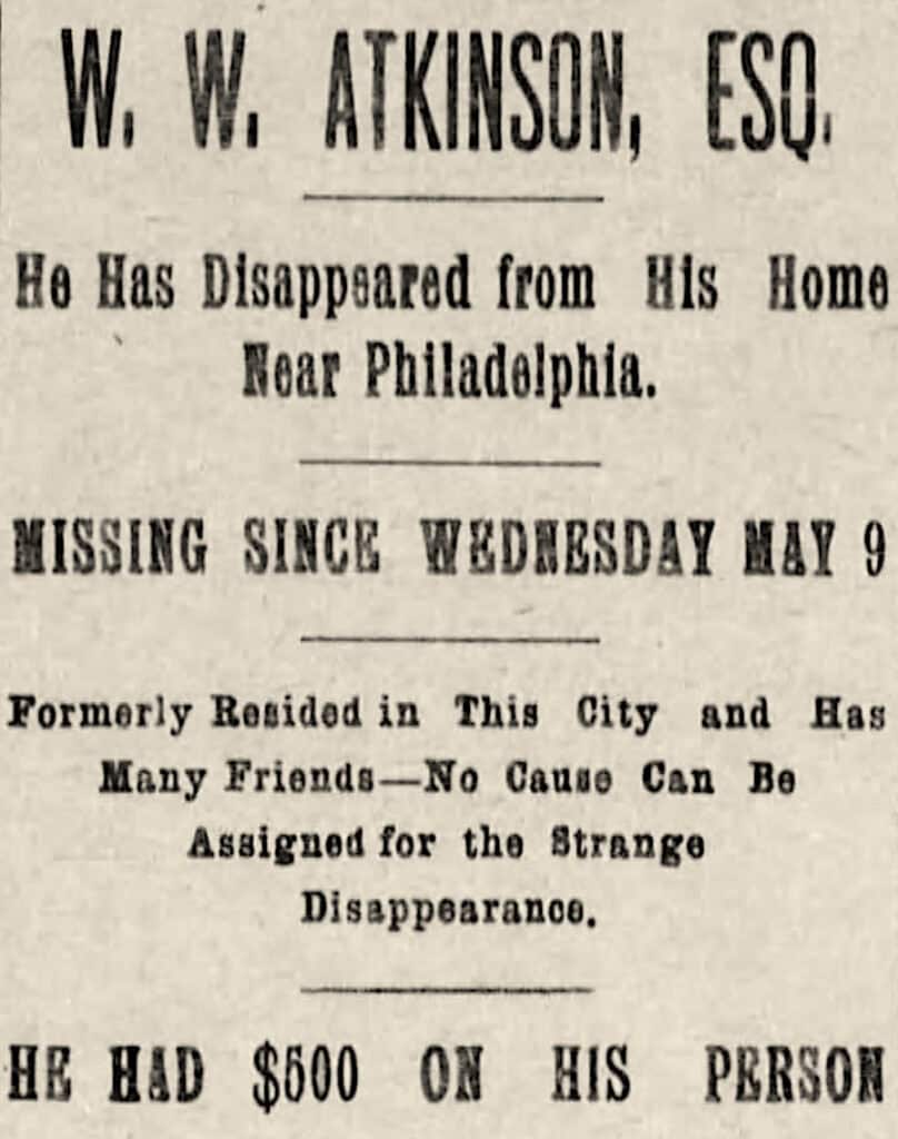 William Walker Atkinson disappeares, from Altoona Tribune 1900