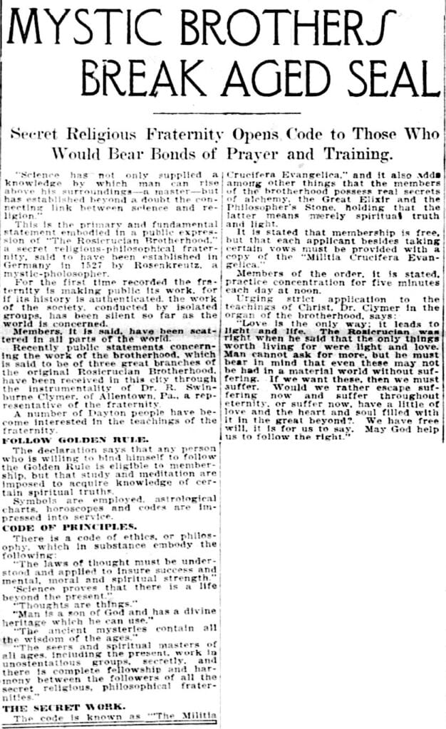 R. Swinburne Clymer article about Rosicrucians