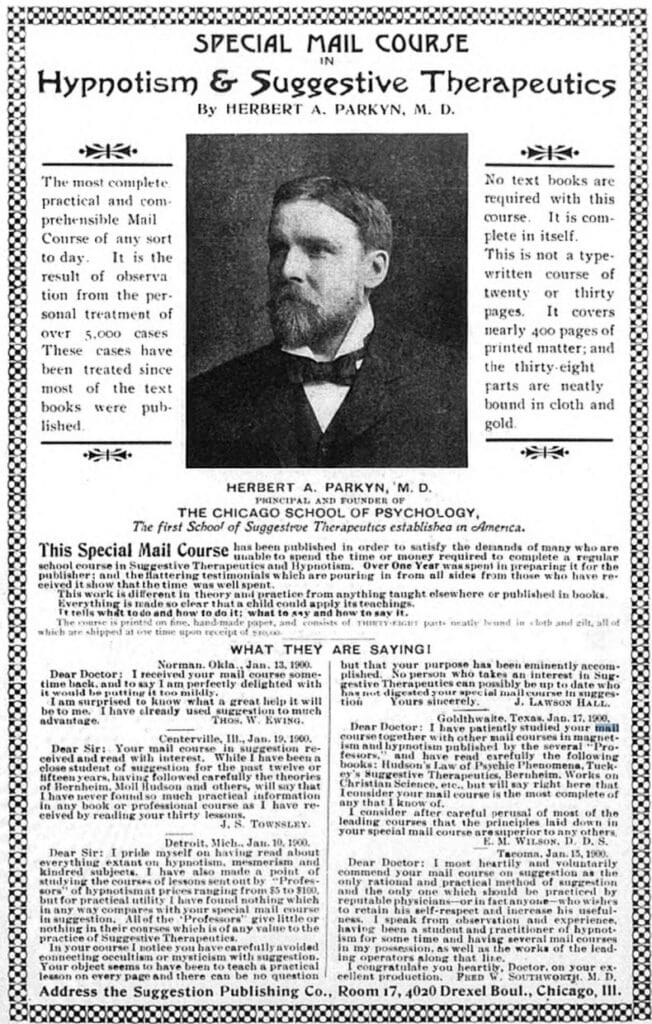 Dr. Parkyn's book Special Mail Course in Hypnotism and Suggestive Therapeutics