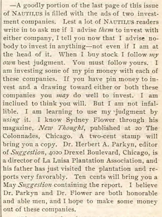 Elizabeth Towne's editorial on Dr. Parkyn's La Luisa Plantation Association and a Sydney Flower investment