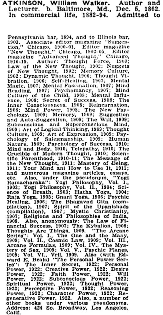 Who's Who profile of William Walker Atkinson 1927