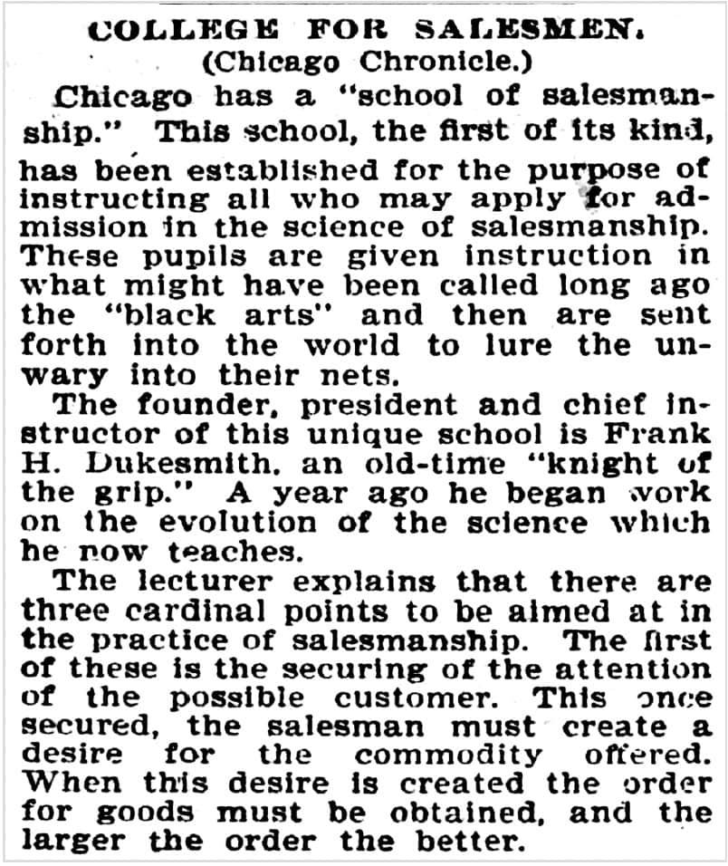 An article about the Chicago School of Salesmanship being opened. It includes a list of 3 parts of the AIDA model. Aug 1898