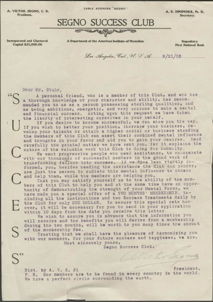 Segno Success Club letter