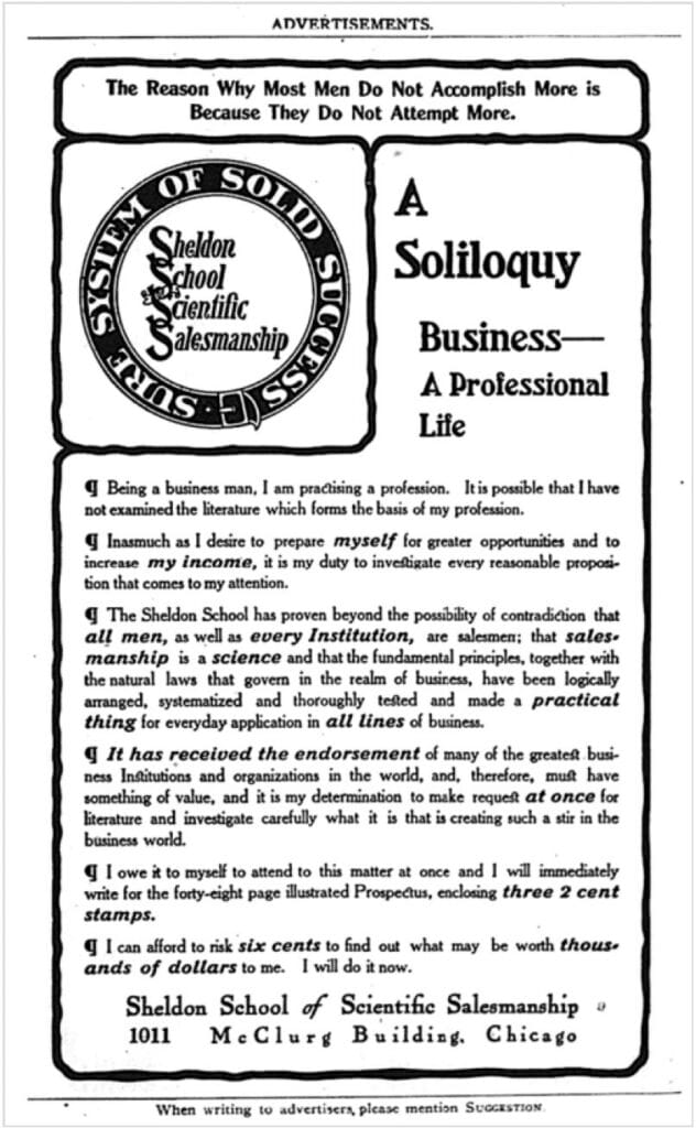 An ad for Arthur Frederick Sheldon's school in Parkyn's Suggestion magazine